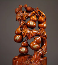 Pear wood carving, fortune, longevity, happiness, wealth, gourd ornaments, five blessings, redwood crafts, home decor, living room decoration