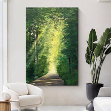 Hand drawn green forest path scenery hanging painting, Dingdar effect living room decoration painting, entrance hall Dafen Village oil painting
