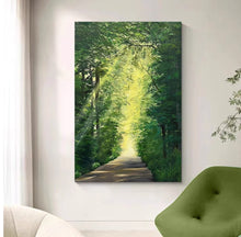 Hand drawn green forest path scenery hanging painting, Dingdar effect living room decoration painting, entrance hall Dafen Village oil painting