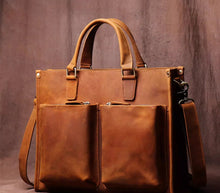Vintage cowhide men's handbag, business briefcase, genuine leather computer bag, handmade mailman bag, crazy horse leather shoulder bag