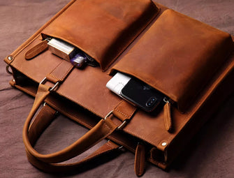 Vintage cowhide men's handbag, business briefcase, genuine leather computer bag, handmade mailman bag, crazy horse leather shoulder bag