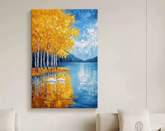 Thick texture Swan Lake Abstract Landscape Hand drawn Oil Painting Living Room Golden Ginkgo Tree Decorative Painting Entrance Hanging Painting