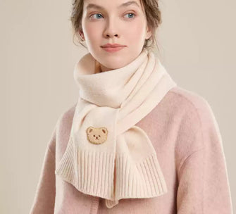 Shanghai Story 100% wool knitted cute little bear scarf 2024 new winter versatile thick scarf gift