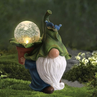 Carrying Magic Orb Garden Gnome Statue with Solar LED Lights