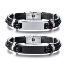 2023 European and American style stainless steel leather bracelet men's stainless steel leather black bracelet wristband engraved