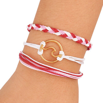 3Pcs/Set Multi-Color Bohemian Style Wax Line Woven Wave Color Adjustable Bracelet Seaside Beach Jewelry Decoration Gift