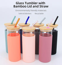 Hot Selling Custom 17oz 500ml Pink Blue Black Borosilicate Glass Tumblers with Bamboo Lid and Straw for Juice Water
