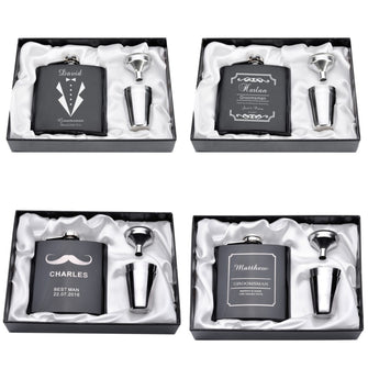 Personalized Engraved 6oz Hip Flask Set Stainless Steel Funnel Gift Box +2 Cups Bride Groom Best Man Usher Wedding Decor Favor