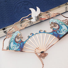 Retro Folding Fan Bookmarks Metal White Crane Flying Over The Waves Tassel Bookmark Stationery Book Clip Office Accessories