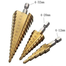 3 PCS HSS Titanium Coated Cone Step Drill Bit Set, Metric 4-12/20/32mm