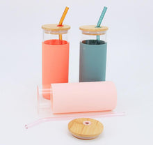 Hot Selling Custom 17oz 500ml Pink Blue Black Borosilicate Glass Tumblers with Bamboo Lid and Straw for Juice Water